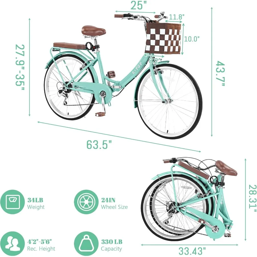 دراجة كروزر للشاطئ قابلة للطي للنساء مقاس 24/26 بوصة 7 سرعات للتنقل مع سلة خفيفة الوزن للبالغين والنساء لشركة City Co #5