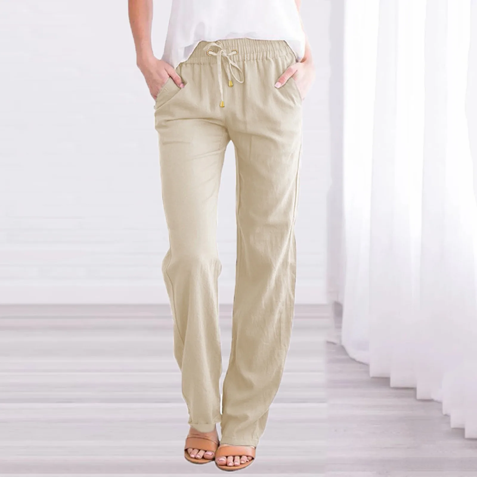 

Casual Cotton Linen Women Pants Solid Color Drawstring Ladies Long Pants 2024 Summer Female Straight Trousers