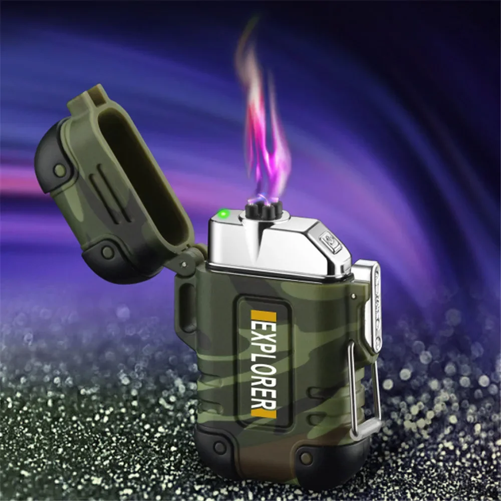 USB Electric Lighter Waterproof Dual Arc Lighter Recharge Electronic Plasma Cigarette lighter for Outdoor Explorer With Whistle