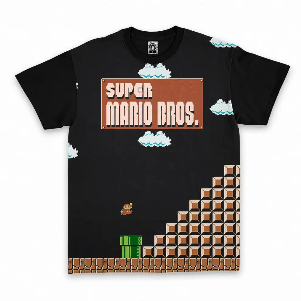 Super Mario Bros Retro NES Box Art Front & Back Full Print T-shirt, Classic Pixel Game Scene Unisex Short Sleeve Summer Tee