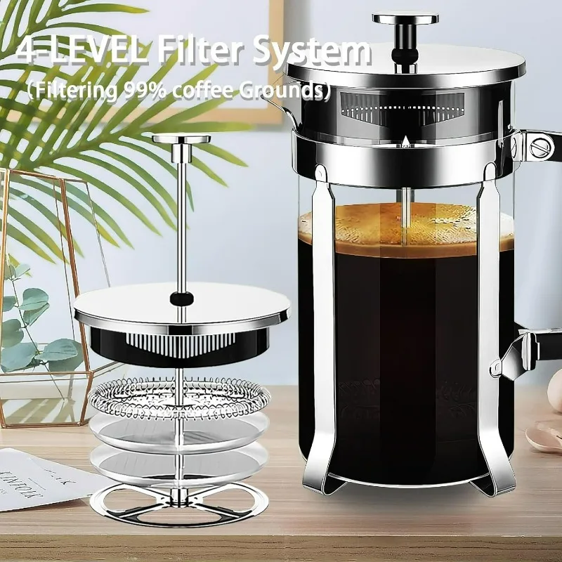 

Stainless Steel French Press Coffee Maker - Easy to Use Insulated Coffee Press with 4-Level Filtration,for Camping & Travel