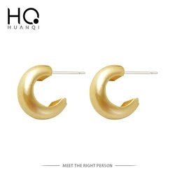HUANQI Simple Sterling Vintage Matte Gold Color C-shaped Small Wide Hoop Earrings for Women Girl Party Jewelry