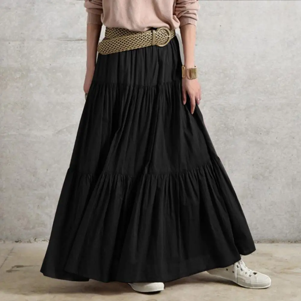 Spring Autumn Solid Skirts Vintage Women's Ruffle Sundress Casual Elastic Waist Long Vestidos Female Robe Female Skirt 2024