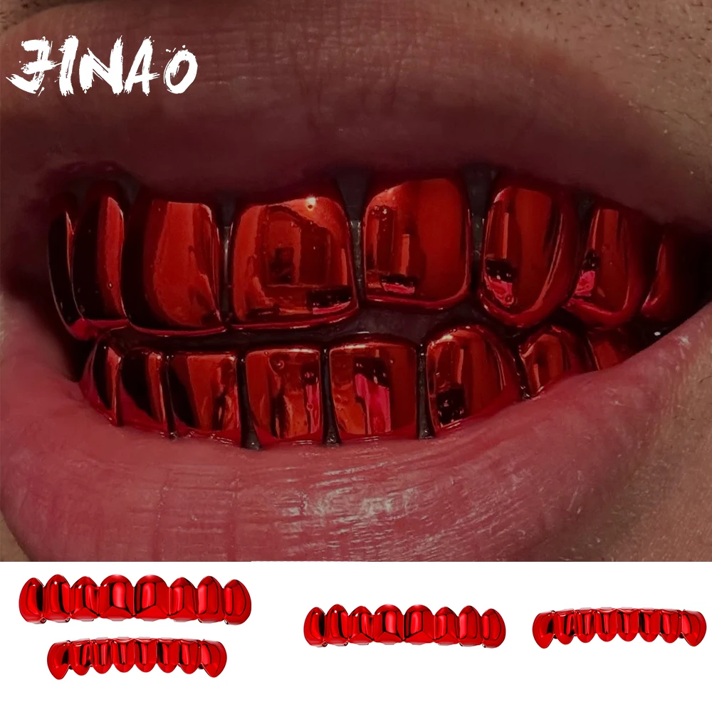 JINAO Hip Hop 8 dents, surface lisse, rouge foncé, ensemble de grillz pour Halloween, hommes et femmes, grill brillant pour le haut et le bas, style punk, rappeur, Noël