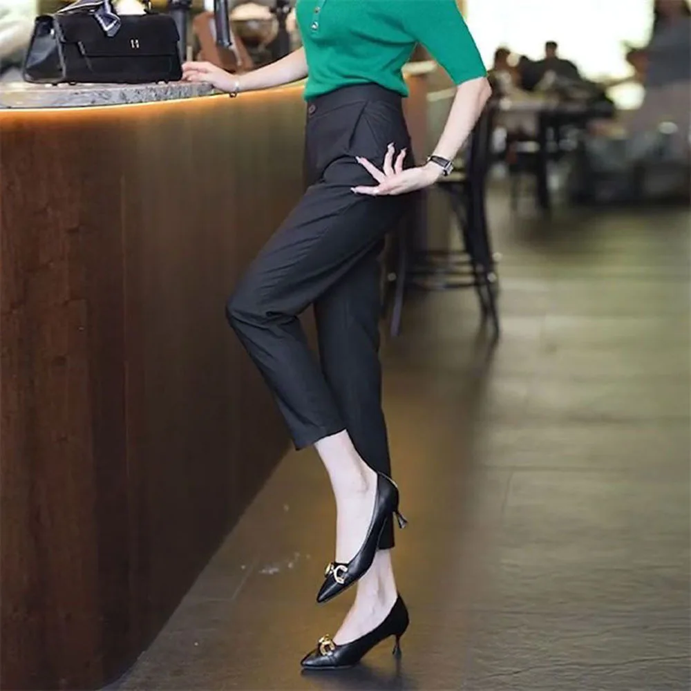 Spring Summer Commuting Pants For Women Simple Solid Color Fashion Casual High Waist Trousers Button Straight Crop Suit Pants