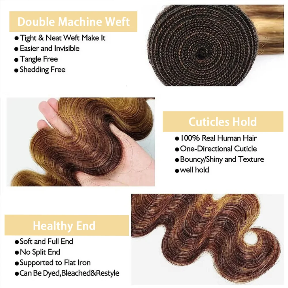 Gemarkeerd Body Wave P4/27 Menselijk Haar Bundels Met Sluiting Braziliaanse 100% Echt Menselijk Haar Frontale Extensie 13X4 Kant Voor Vrouw