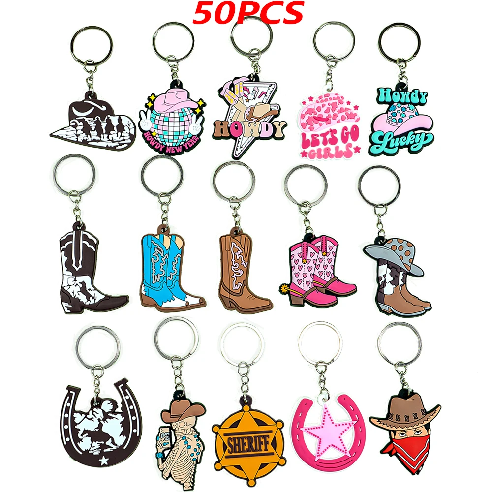 50PCS Wild Western Style Cowboy Series Keychain Horseshoe Cowboy Hat Boots Key Chain for Fashion Women Men Car Key Accessories