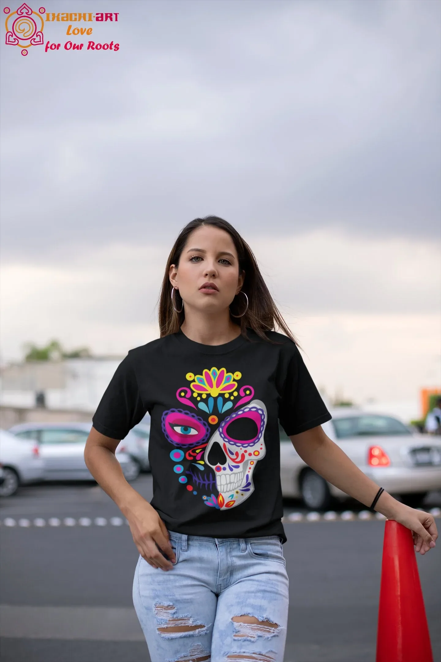 Day of the Dead Mexican T Shirt Women with Cute Skull Art Catrina Dolls