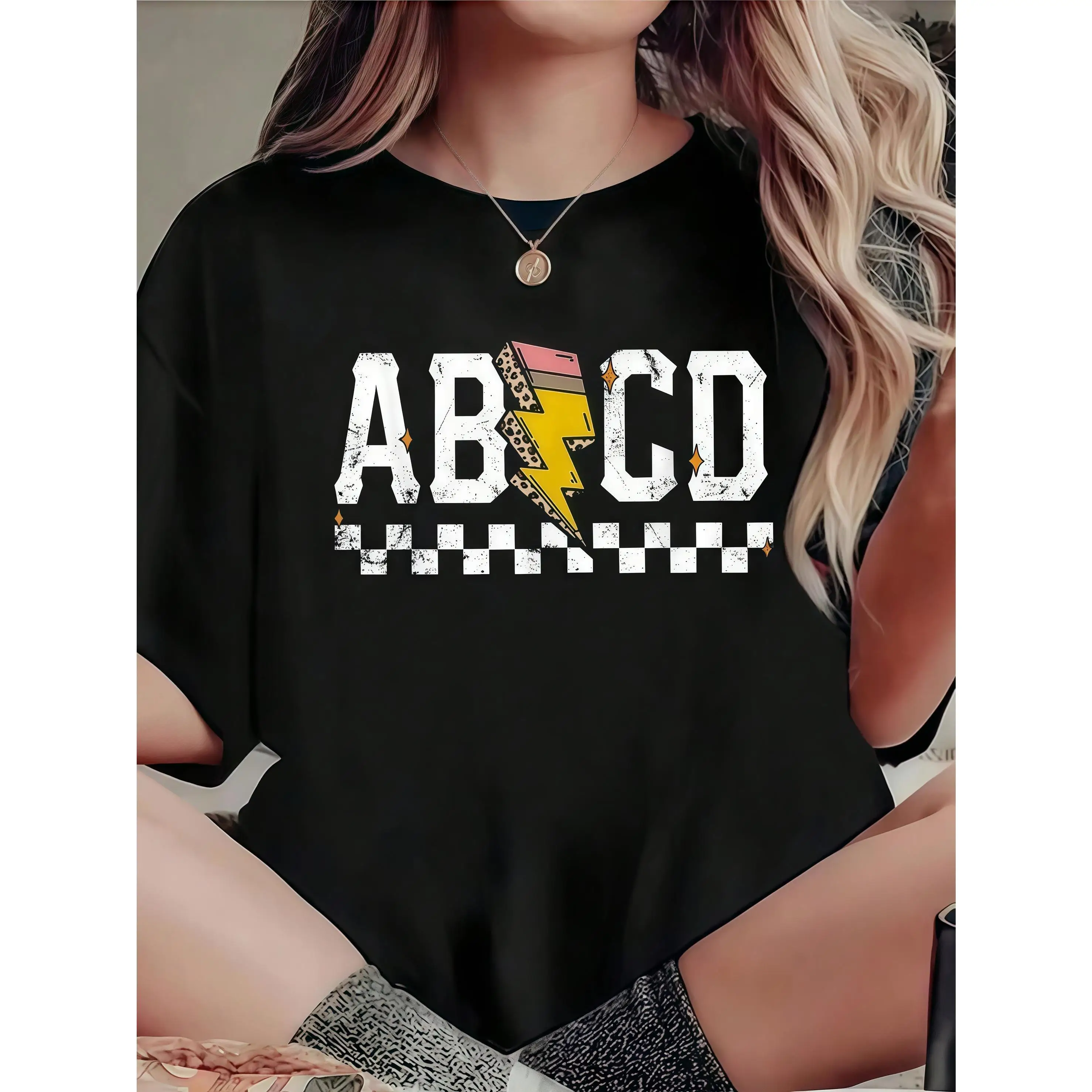 

"Funny ABCD Teacher T-Shirt Women's Men's Back To School Graphic Tee Pencil Lightning Bolt Print Top Educator Student Gift Retro