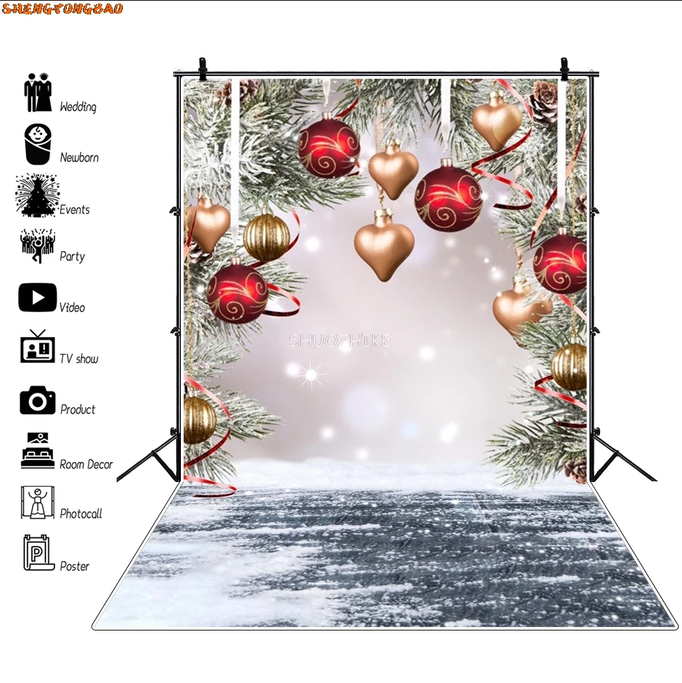 Inverno natal pano de fundo piso de madeira pinho floco de neve estrela decoração da árvore de natal bola vermelha brinquedo do bebê fotografia fundo estúdio foto