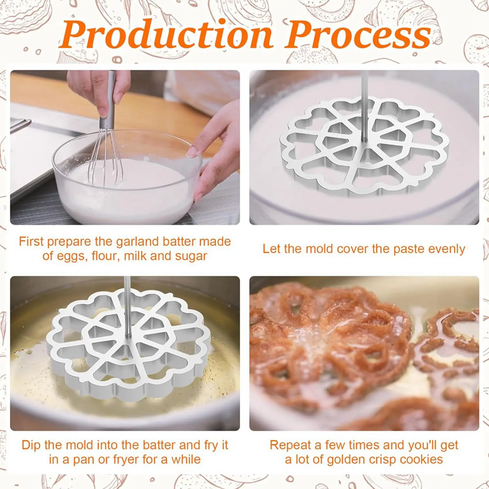 Molde para Bunuelos ABAH-2X con mango de madera, molde de aluminio para hacer galletas Bunuelos, molde desmontable para hacer rosetas, hierro para rosas y timbales