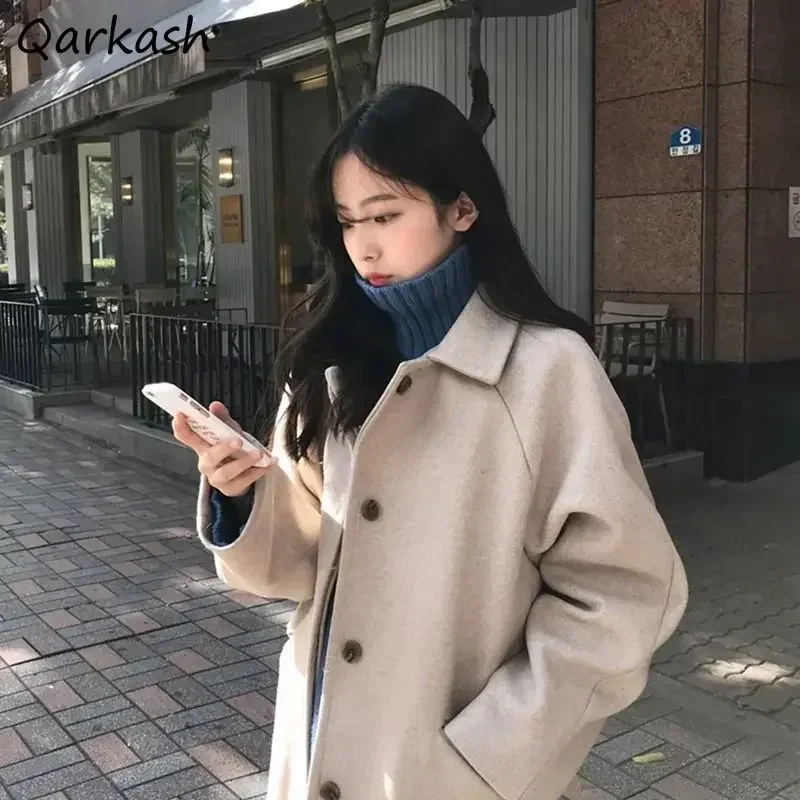 

Blends Women Autumn Winter Long Coats Casual Korean Style Fashion Chic Students All-match Loose Warm Basic Simple College Пальто