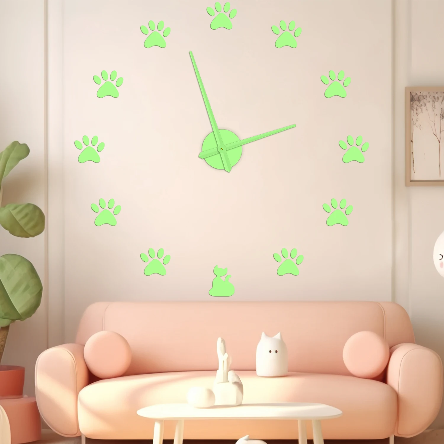 Cat Paw DIY Wall Clock Glow in Dark For Pet Owner Home Decor Kitten Paw Frameless Large Night Glowing Wall Clock Silent Quartz