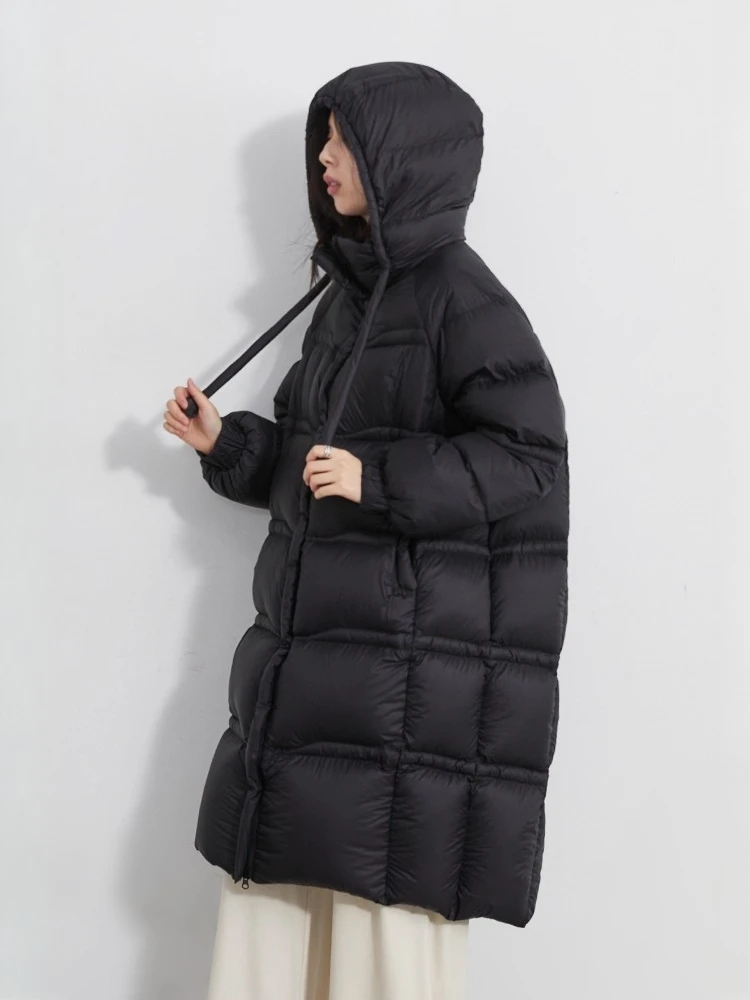 Chique ven mulheres para baixo casacos coreano com capuz cordão split design para baixo jaquetas moda sólida senhora roupas quentes outono inverno 2026