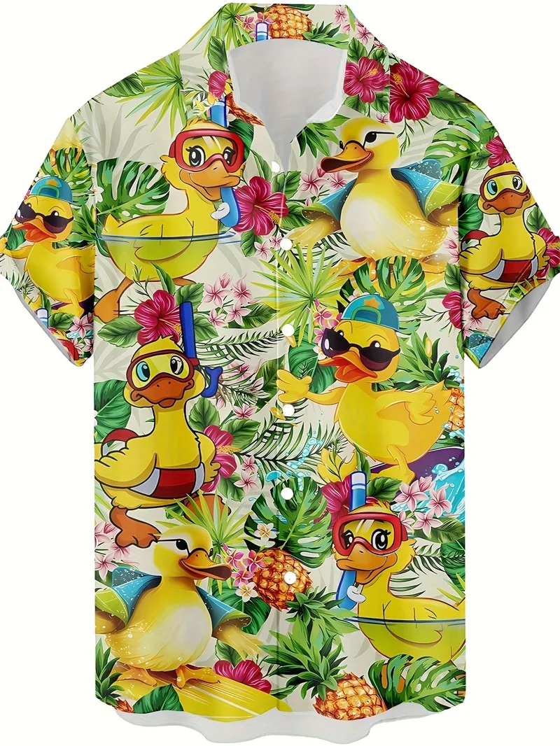 Men's Fashion Hawaiian Shirt Cartoon Ducks Pattern Allover Print Short Sleeve Button Up Lapel Shirts Men's Aloha Vacation Shirts