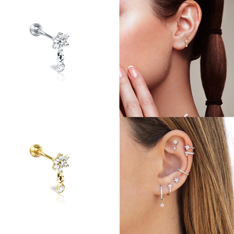 AIDE 925 Sterling Silver Tassel Chain Piercing Cartilage CZ Stud Earrings for Women Girls Earring Jewelry Accessory Brincos 1pc