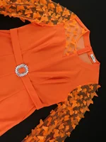 Women Orange One Piece Outfit O Neck Butterfly Mesh Patchwork Long Sleeves Jumpsuit Party Birthday Event Romper Plus Size 2024 - Image 4