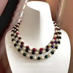 Natural Freshwater Pearls Necklace with Cat's Eye Stone Copper Plated 14K Gold Accessories