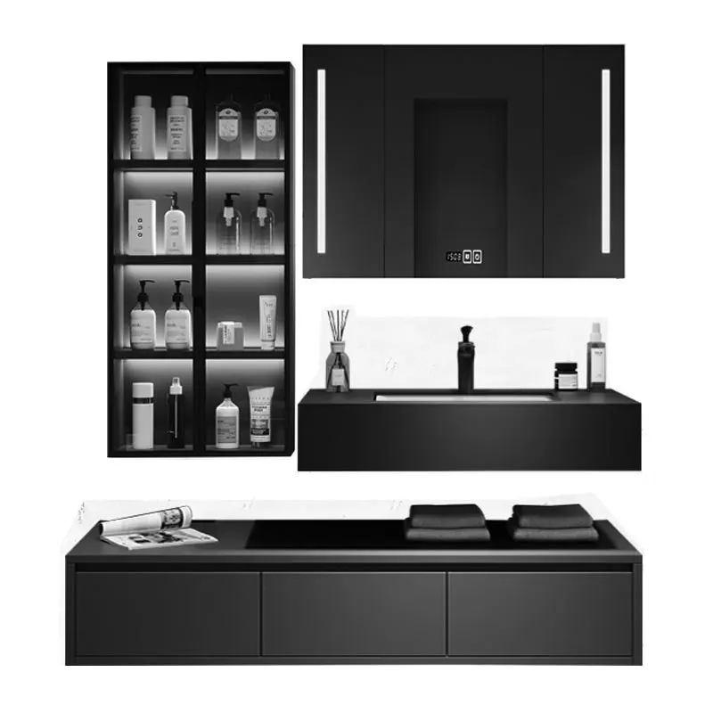 

Rock slab bathroom combination wood washbasin light luxury washstand smart double-layer wall-mounted hanging cabinet