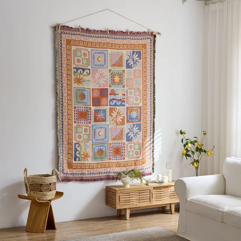 Sun Symbol Tapestry Nordic Ins Style Fabric Wall Hanging Art Boho Decor for Living Room Bedroom Dorm Cotton Macrame Fringe