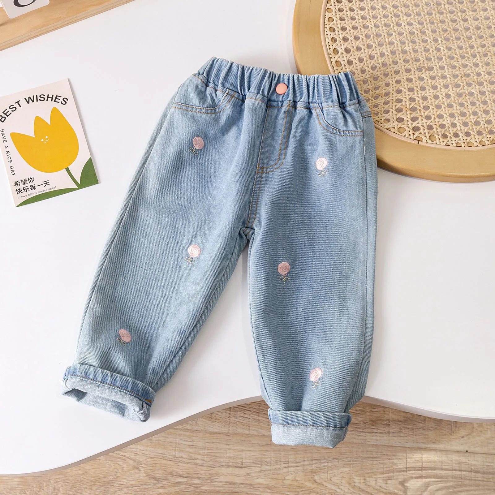 Girls Casual Straight Leg Jeans Kids Daily Wear Elastic Waist Soft Pants Toddler Outfit Cute Embroidered Rolled Hem Trousers