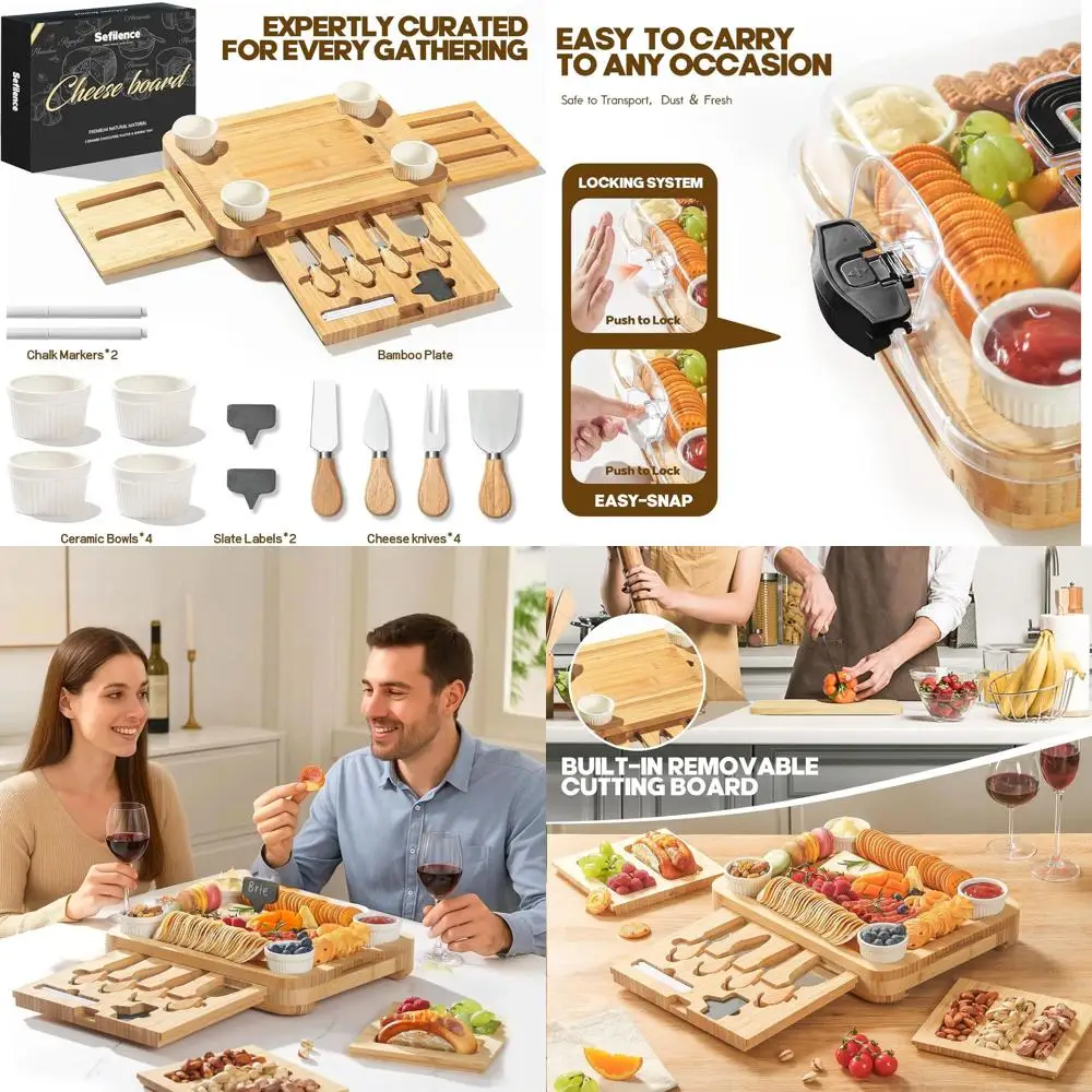 

Portable Bamboo Charcuterie Board with Lid and Handle, Travel-Friendly Snack Box, Compact Cutting Board with 3 Hidden Drawers fo