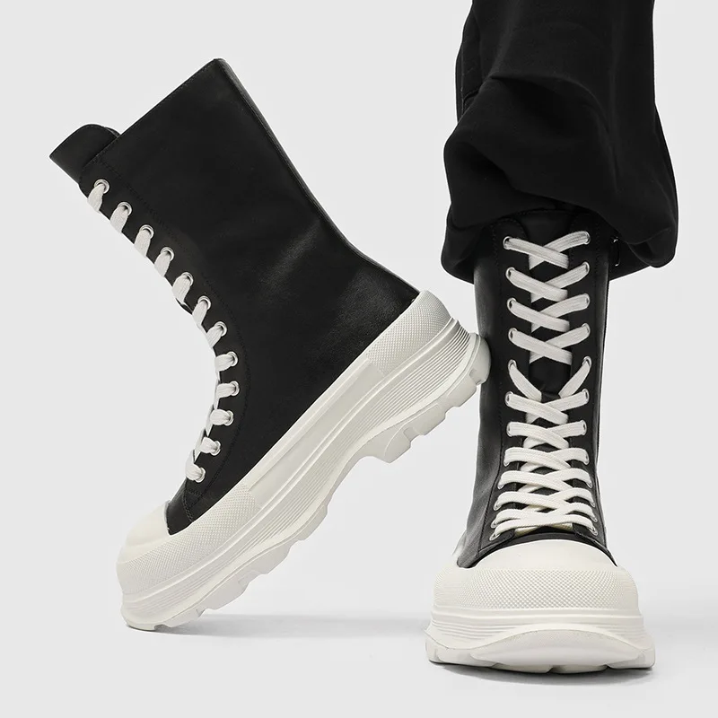 men fashion punk cosplay high motorcycle boots lace-up designer shoes cowboy original leather boot long platform knight botas view 4