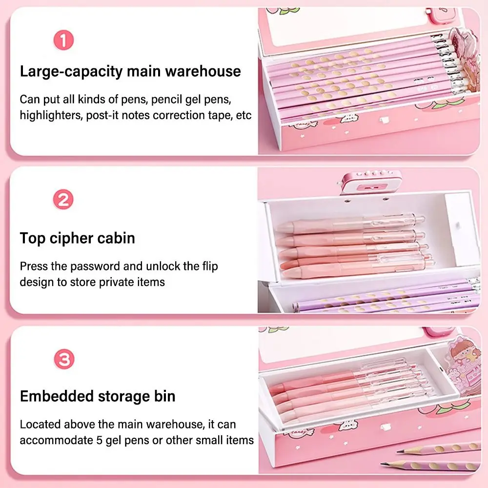 Cartoon With Password Lock Pen Box Multi-Function Large Capacity Pencil Case Stationery Organizer School Supplies