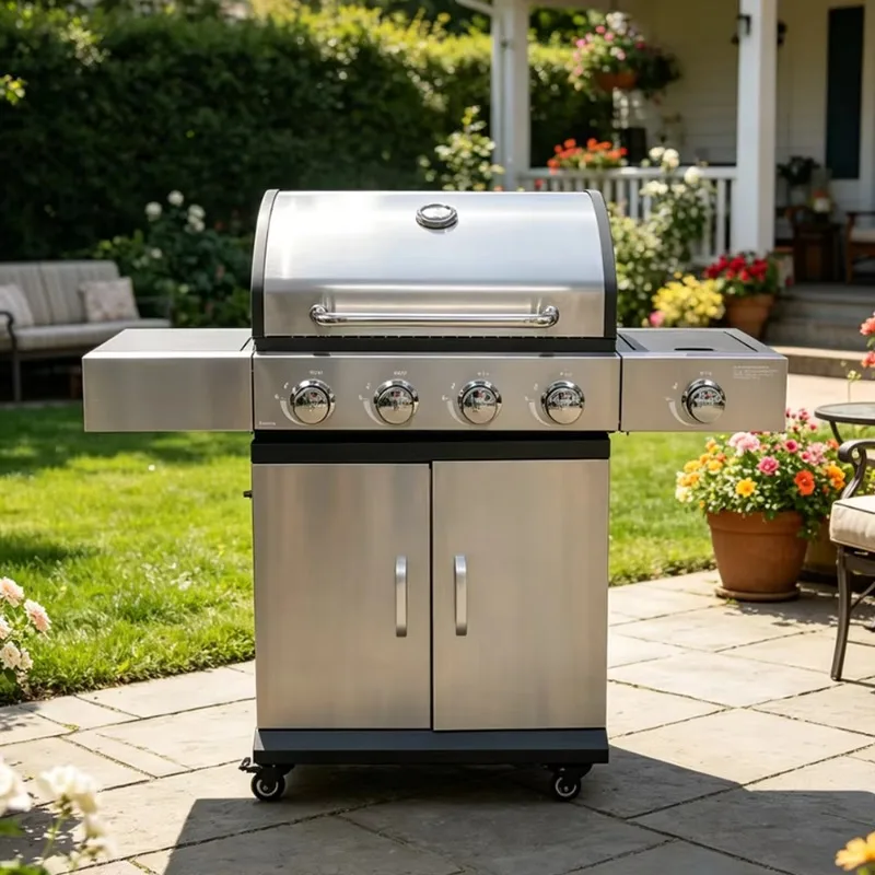 Modern Heavy Duty Stainless Steel 4+1 Burner BBQ Gas Grill with Side Burner Trolley Flame Safety Device-Outdoor Backyard Cooking