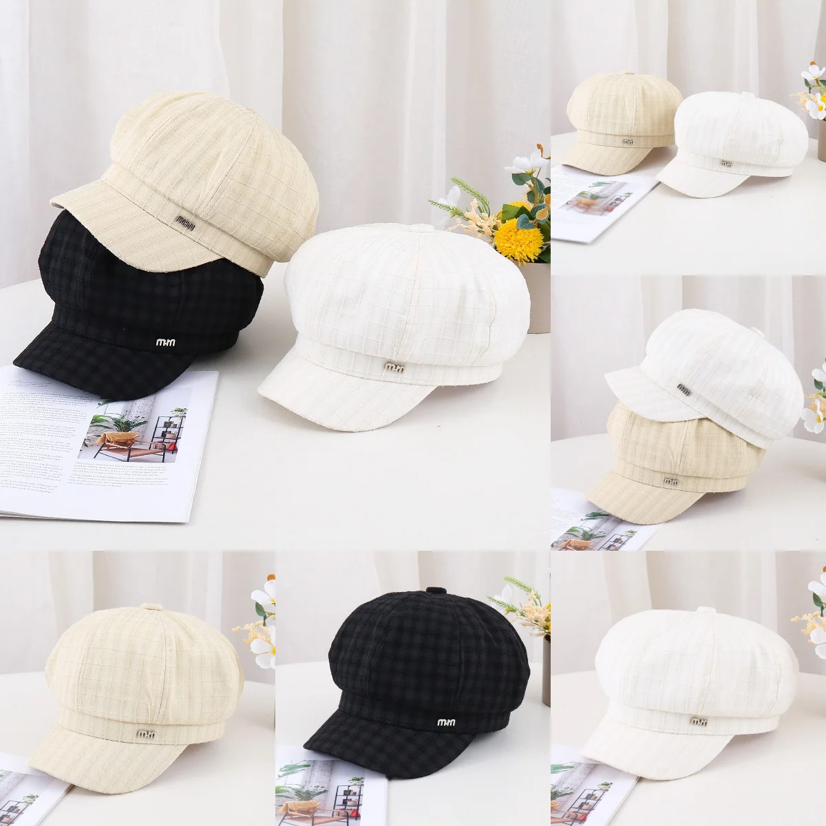 Casual Fashion Headwear Beret Newsboy Cap Adjustable Peached Hat for Women Outdoor Cycling Travel Daily Use, Striped Plaid Hat