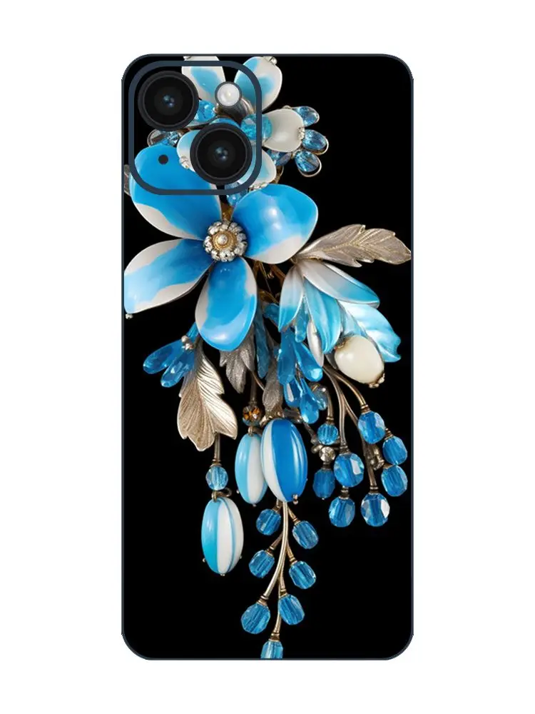 Modern Jewelry Inspired Blue Flowers Back Screen Protector for iPhone 14 - Sculptural Arrangements & Painterly Surfaces