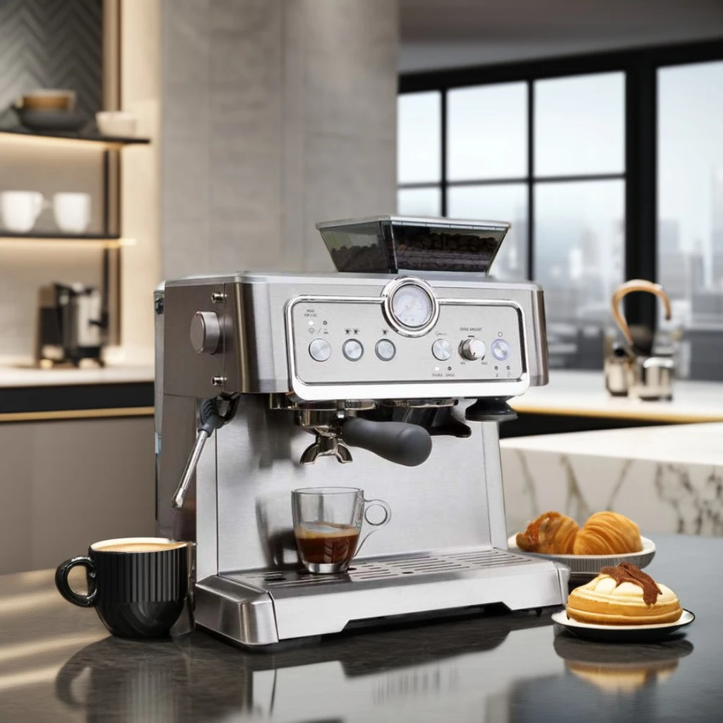 

luxuryProgrammable 15 Bar Semi Automatic Espresso Coffee SWF Espresso Machine With Grinder and Milk Frother