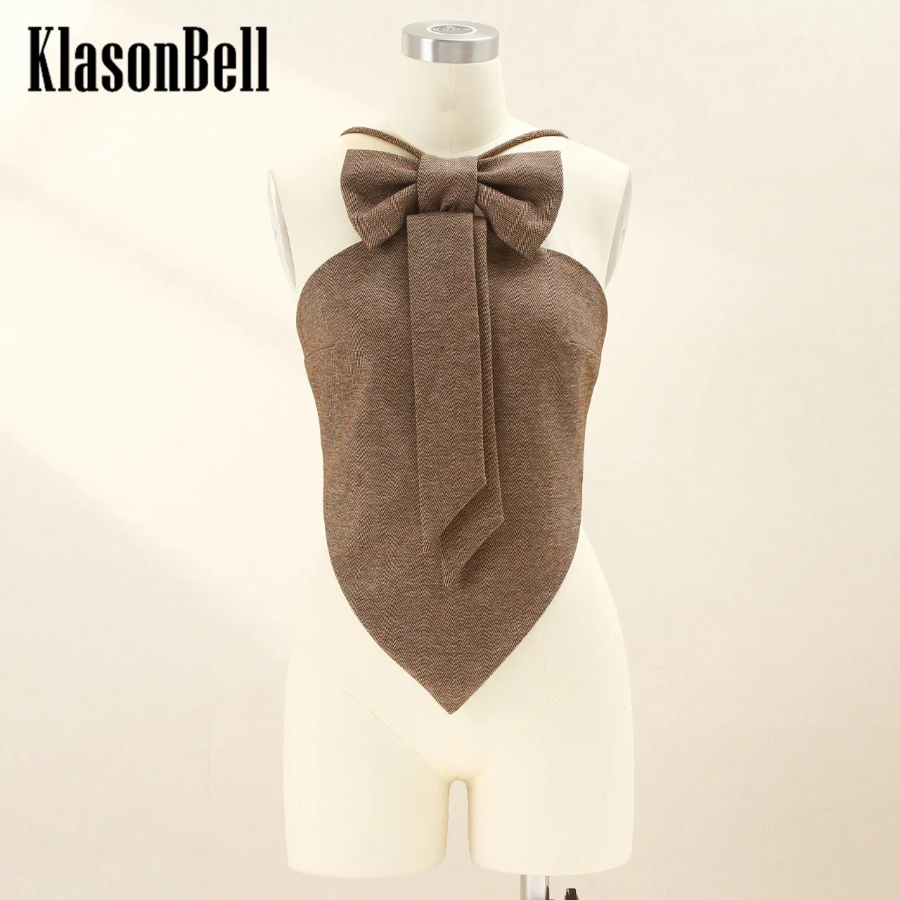 9.24 KlasonBell Women High Street Fashion Bow Ribbon Decoration Vest Wool Blend Sexy Girl Backless Spaghetti Strap Tank Top