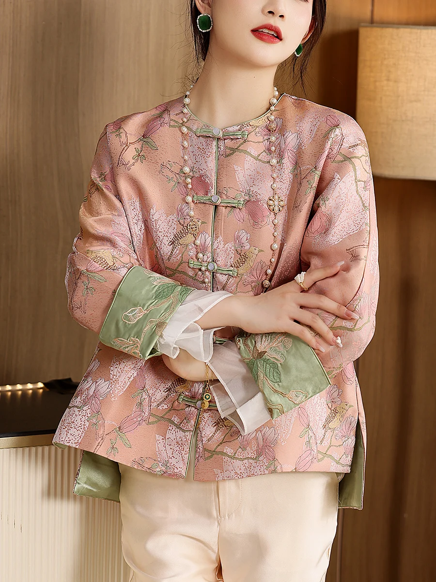 

Thiened Cotton Young Sle Embroidered Tea Costume Chinese Sle Top Winter Warm round Ne Long Sve Coat