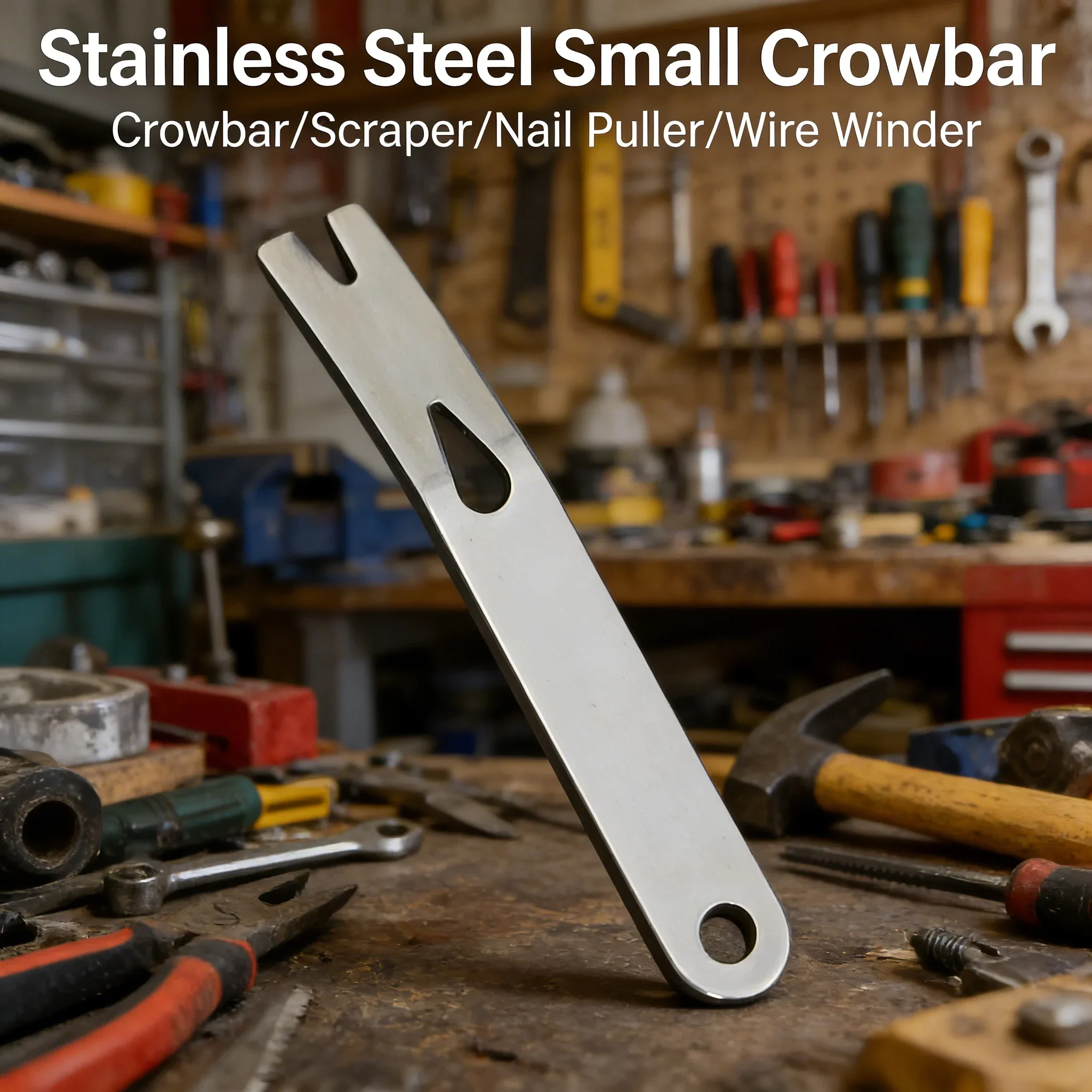 Mini EDC Pry Bar Tool - Stainless Steel Crank Scraper with Line Winder & Nail Puller Keychain for Outdoor & Daily Use