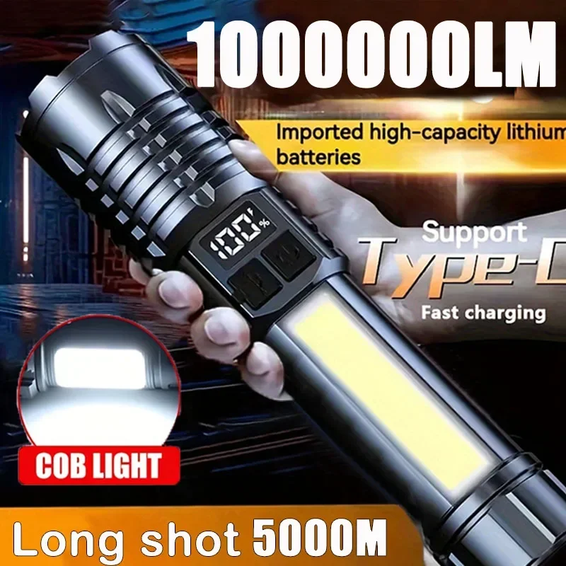 Heinast High Power LED Flashlight Powerful TYPE-C Rechargeable COB Flashlight With Side Light Torch For Outdoor Camping Hiking