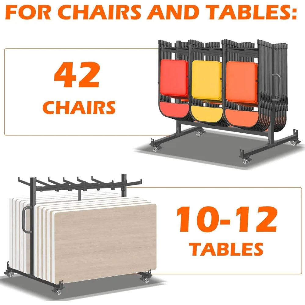 عربة تخزين قوية قابلة للطي لـ 42 كرسيًا أو 12 طاولة، سعة وزن 550 رطل، حامل كرسي معدني قوي #2