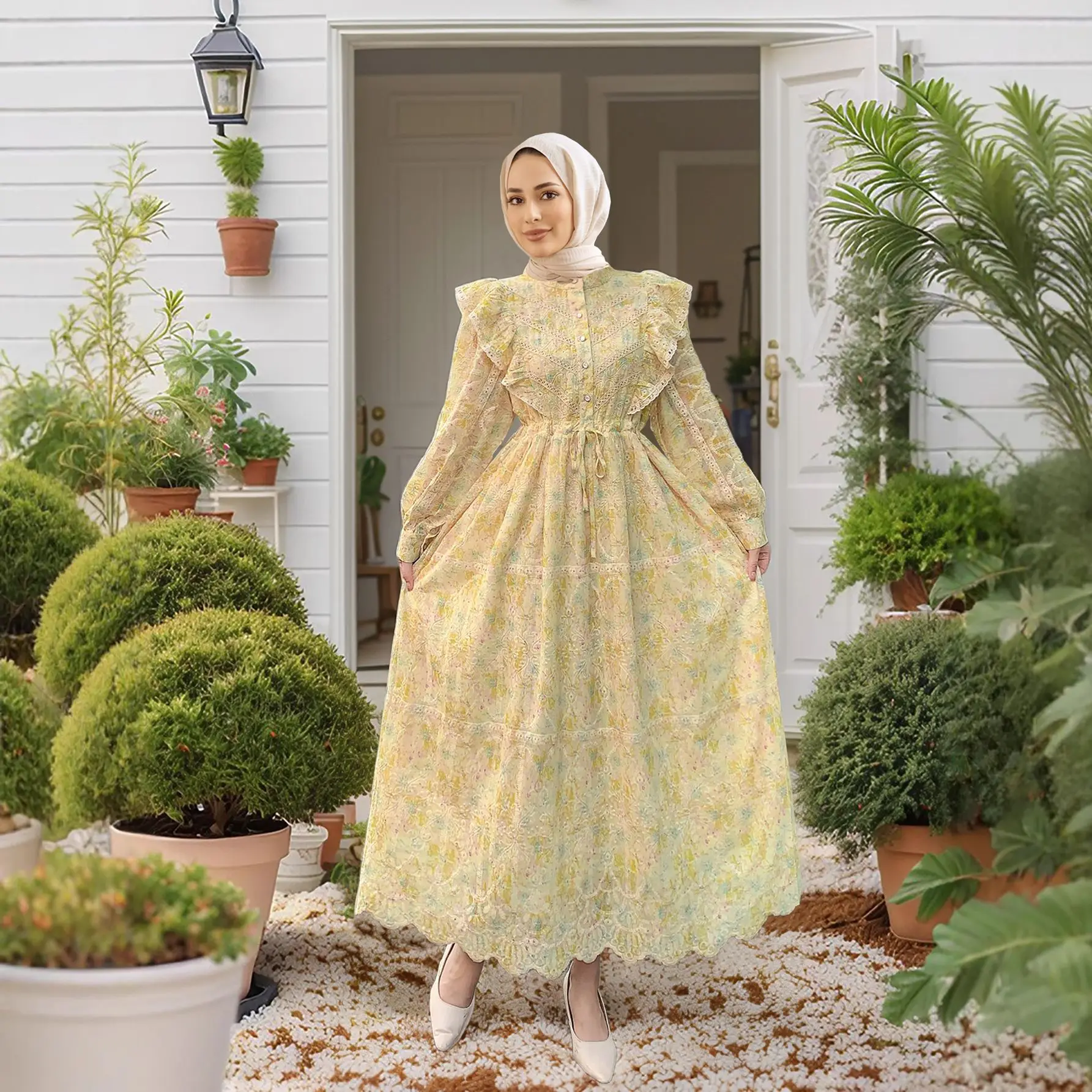 

Muslim Middle East New Dress Hollow Embroidery Ruffle Edge Splicing Lace Floral Foreign Trade Dress Cw12115