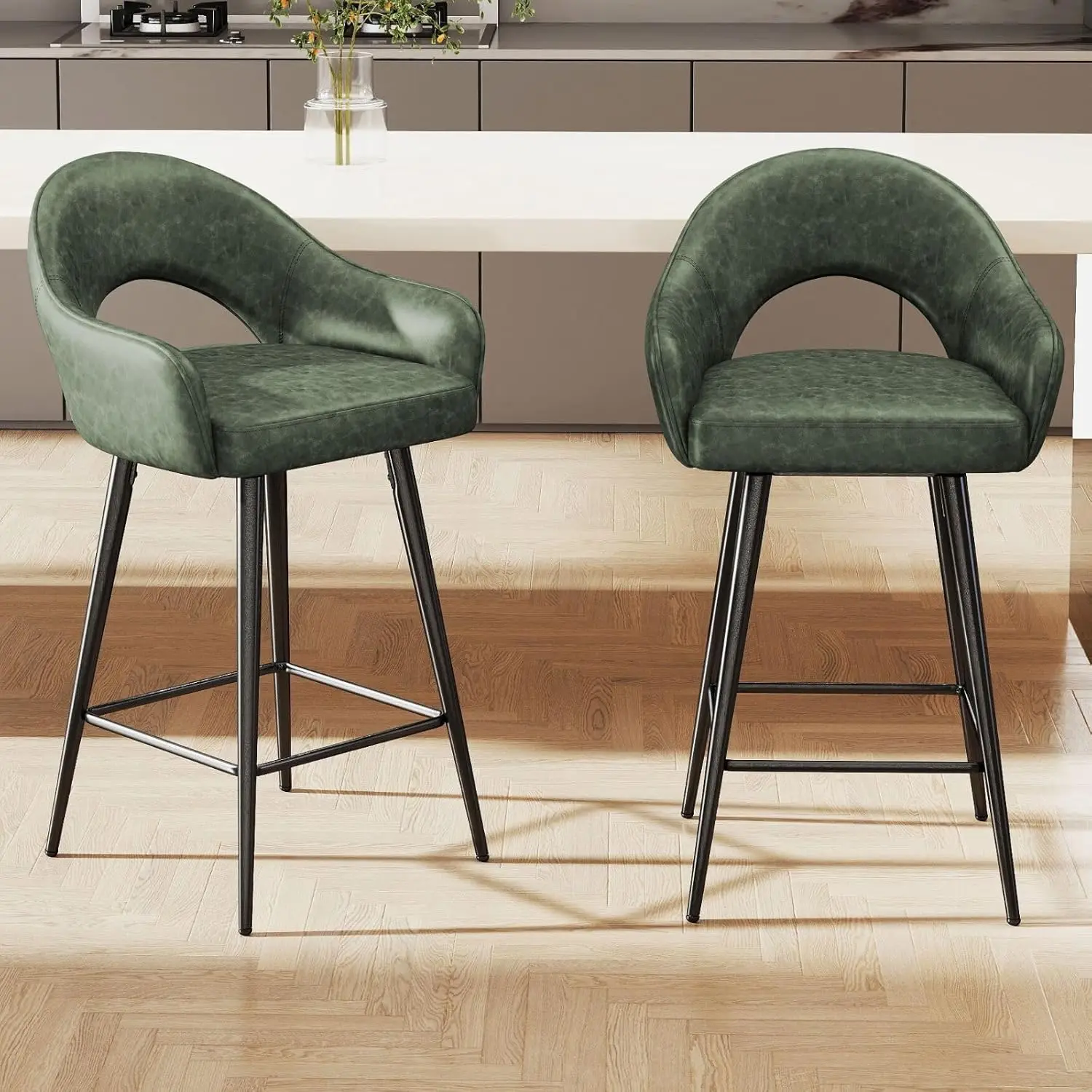 

PU Leather Swivel Counter Stools Set 2 Open Back 27in Metal Legs Kitchen Bar Footrest, Customized