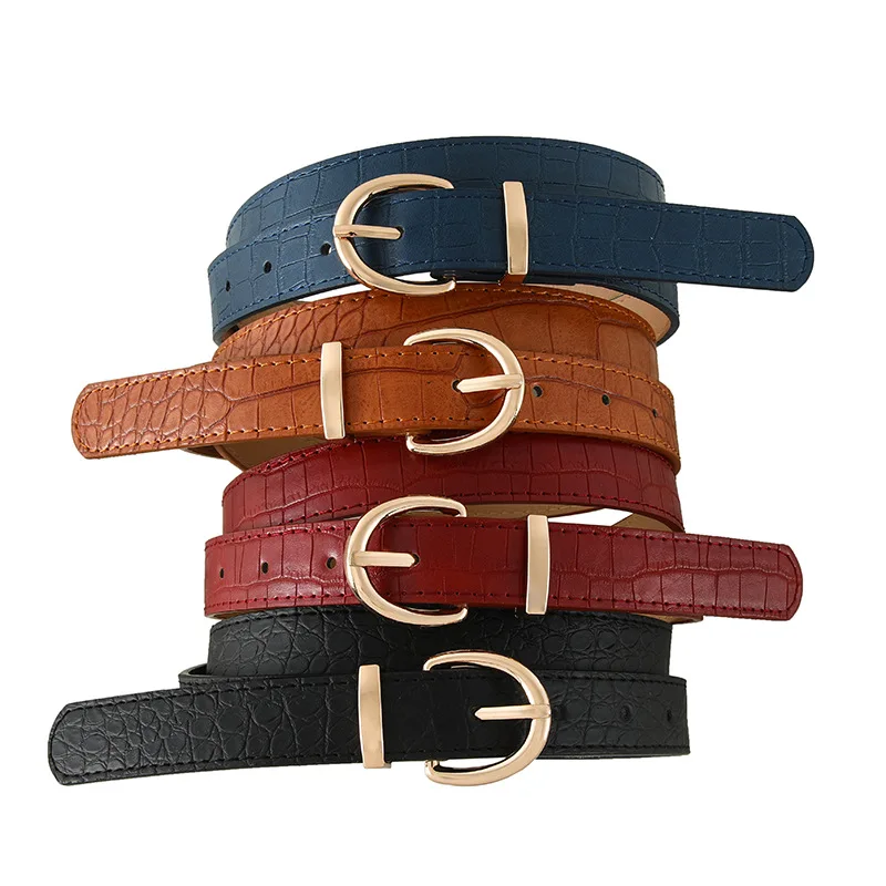 クロコダイル柄レトロビッグゴールドバックルおしゃれレディースピンバックルベルト万能カジュアルジーンズベルト