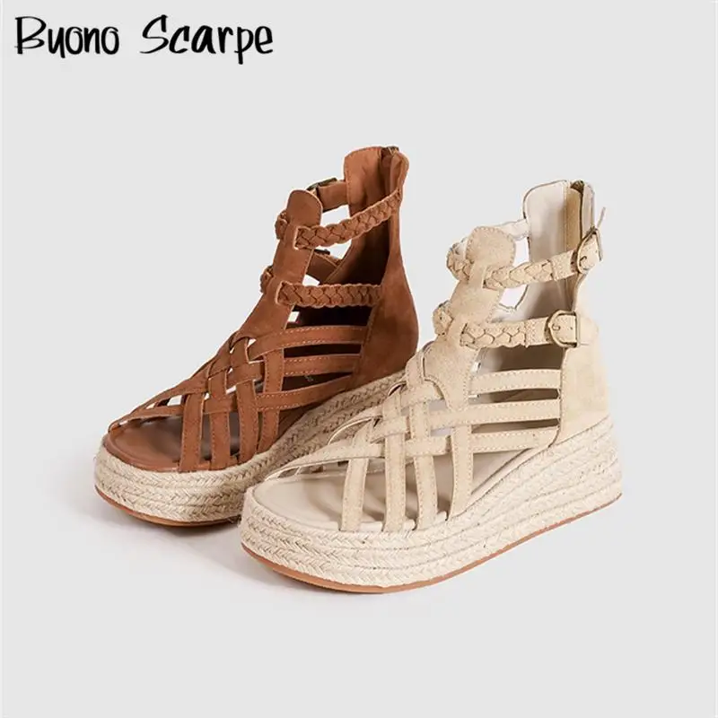 

2025 г., женские сандалии на толстой подошве с круглым носком и платформой на массивном каблуке, однотонные модные повседневные тканые туфли на молнии в стиле вестерн