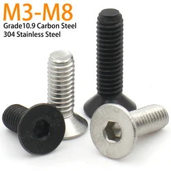 10/50pcs M3 M4 M5 M6 M8 DIN7991 Black Grade 10.9 Steel 304 Stainless Steel Hexagon Hex Socket Flat Countersunk Head Screw Bolt