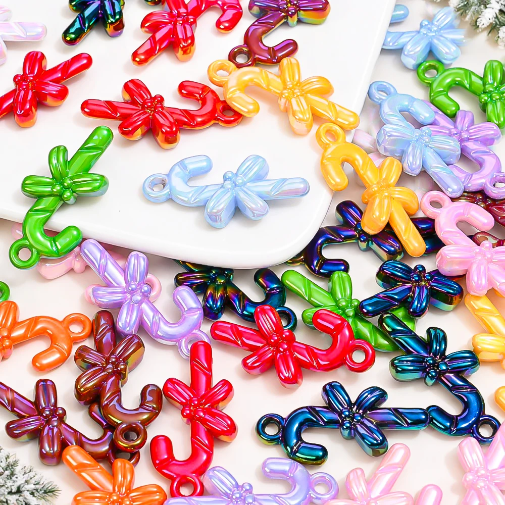 Acrylic AB Candy Cane Charms 16X33mm 10/20Pcs Christmas Pendant Beads for DIY Bracelet Keychain Earring Jewelry Making Supplies
