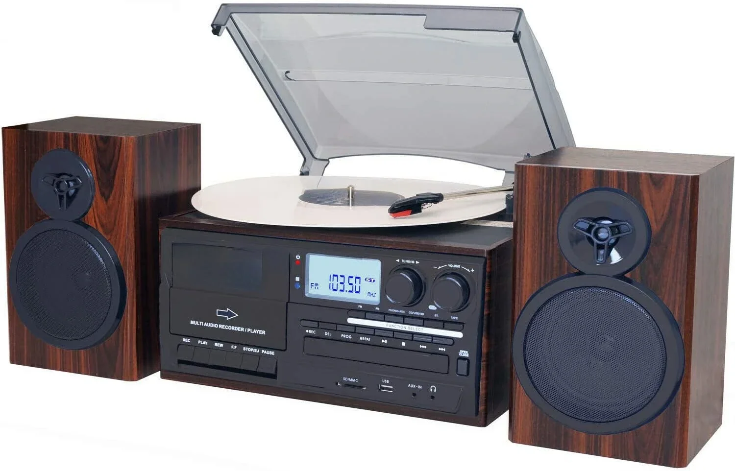 Classic Style Bluetooth Record Player Turntable BT-28MB with AM/FM Radio CD Cassette Player Wooden Look Portable Audio