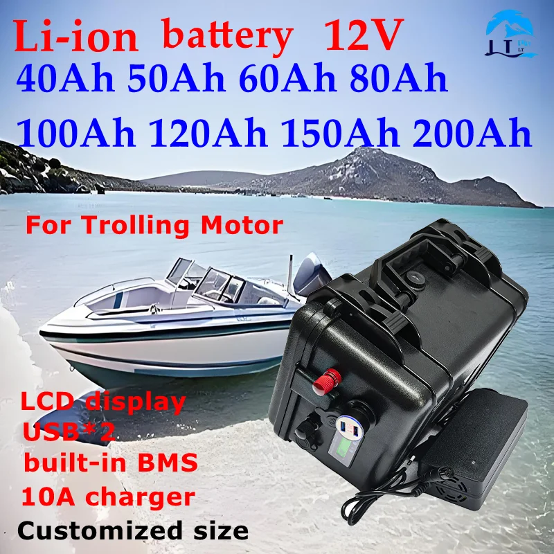 LT-12V 100Ah 150Ah 120Ah 80Ah 60Ah 50Ah Lithium Li Ion Battery Pack For Propeller Golf Cart Fishing Finder Boats+Charger.