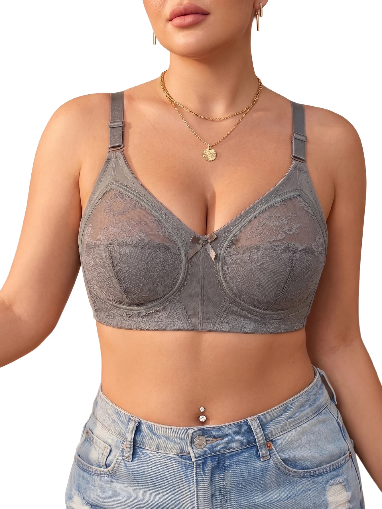 Sujetador de encaje inalámbrico de talla grande para mujer, cobertura total, soporte lateral antideslizante, correas ajustables, cómodo