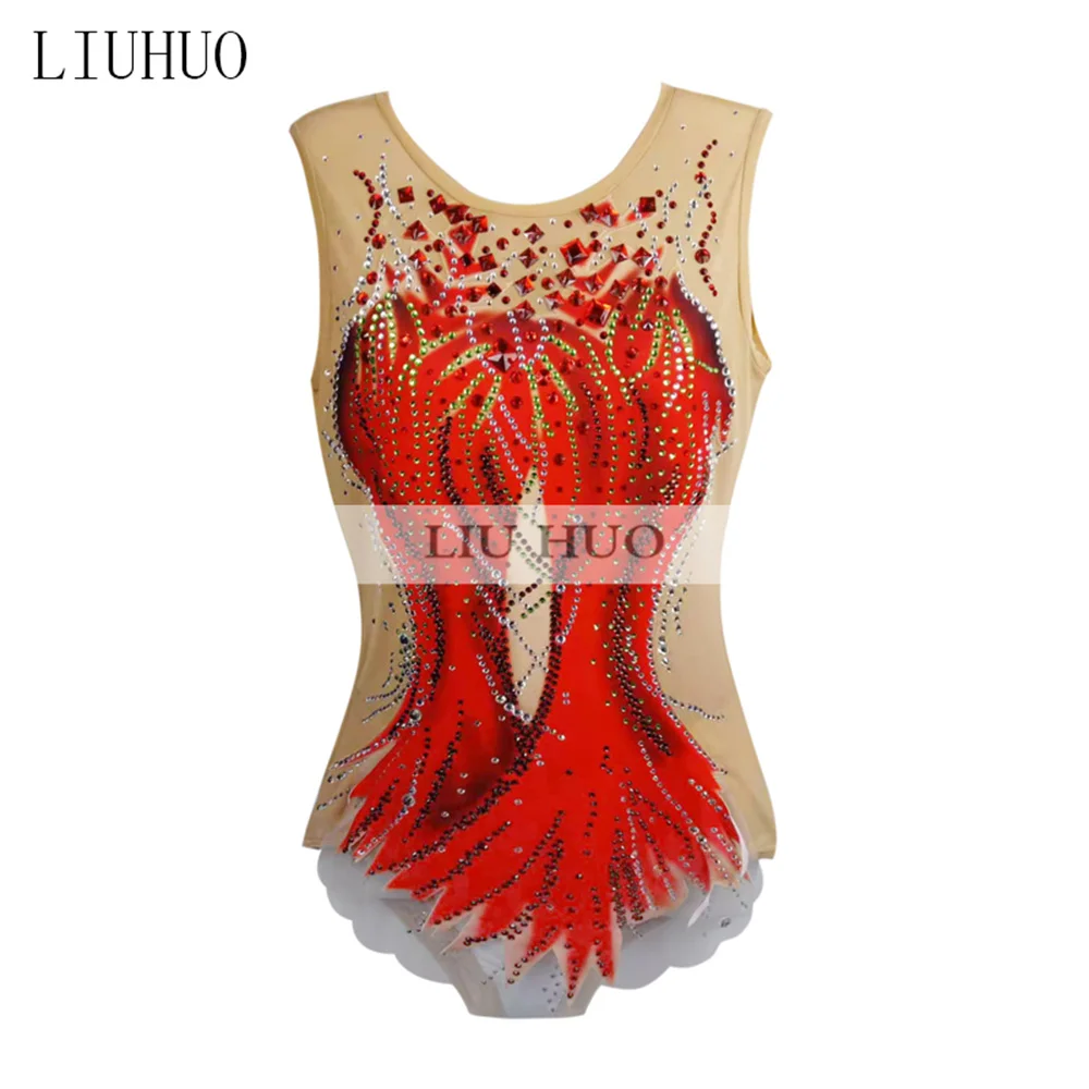 LIUHUO Figure Skating Dress Women's Girls' Ice Performance Rhythmic Gymnastics Competition Leotard Red Aerobic Unitard Tights