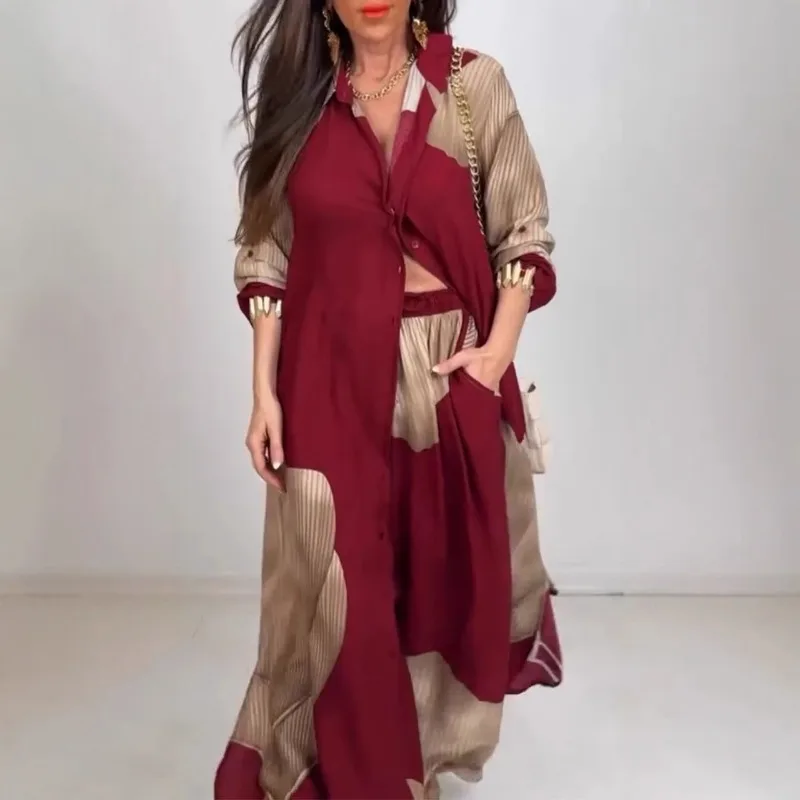 

Уличная одежда, спортивный костюм с принтом, повседневный свободный наряд из двух предметов для женщин, рубашка на пуговицах с длинными рукавами + расклешенные широкие брюки, комплекты