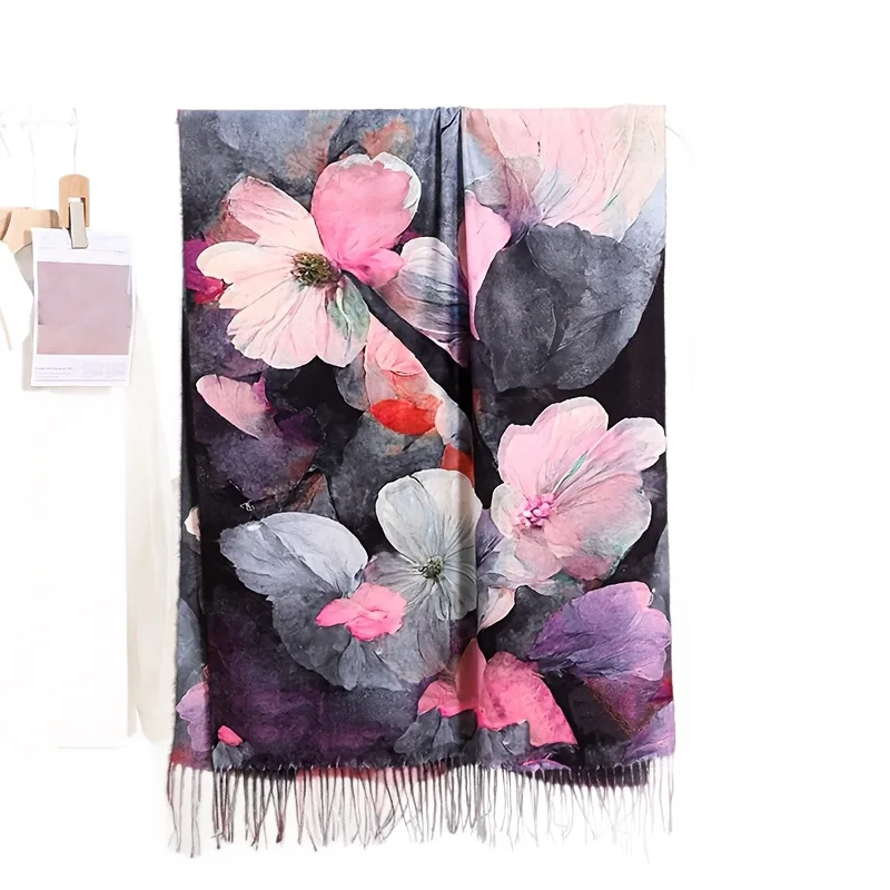 Digital Print Faux Cashmere Scarf Women - Autumn/winter Thickened Tassel Shawl Fashionable Floral Pattern Versatile Long Scarf