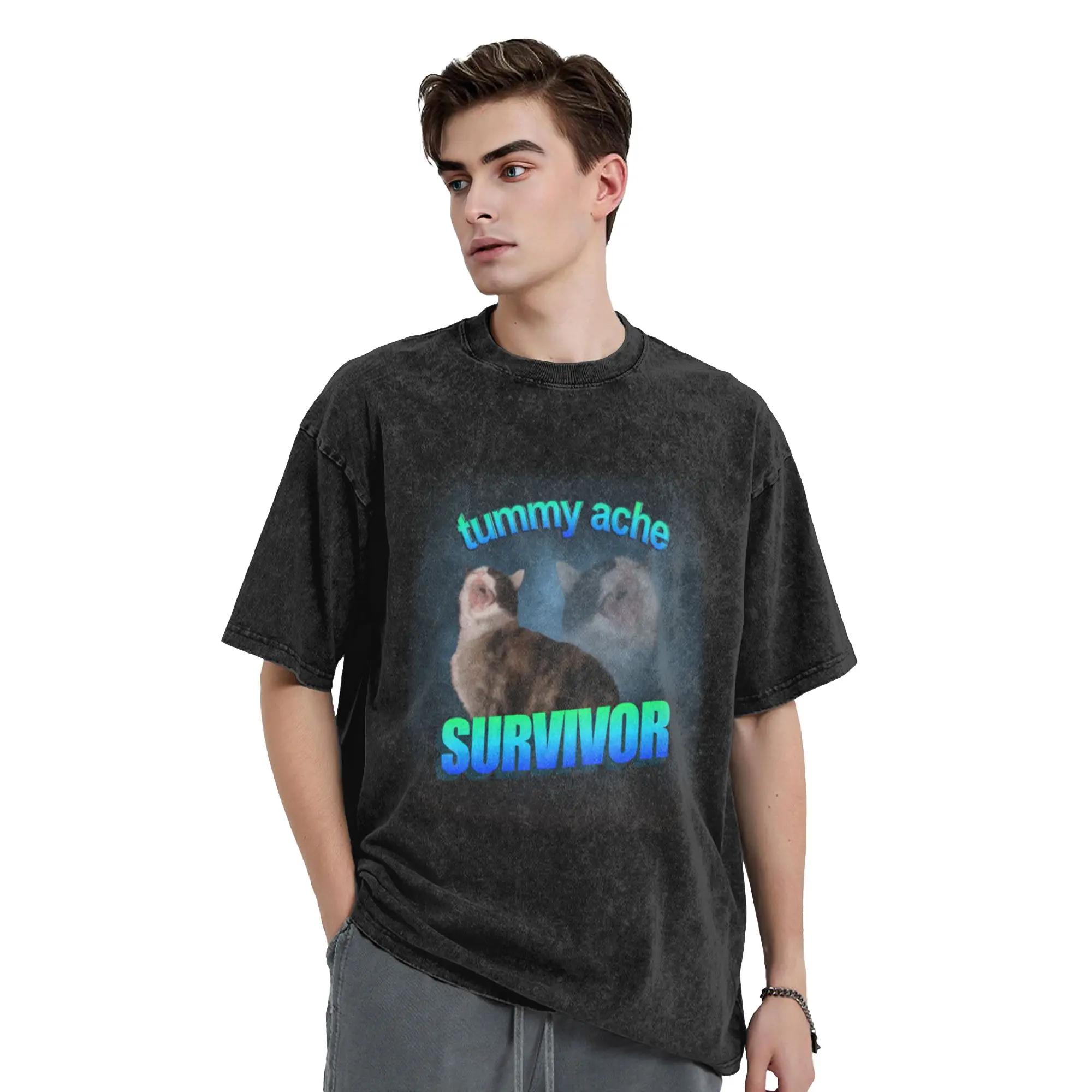 Tummy Ache Survivor- Cat word art Classic Trendy A T-Shirt Oversized Short Sleeve Men's Women's Cotton Tees Tops